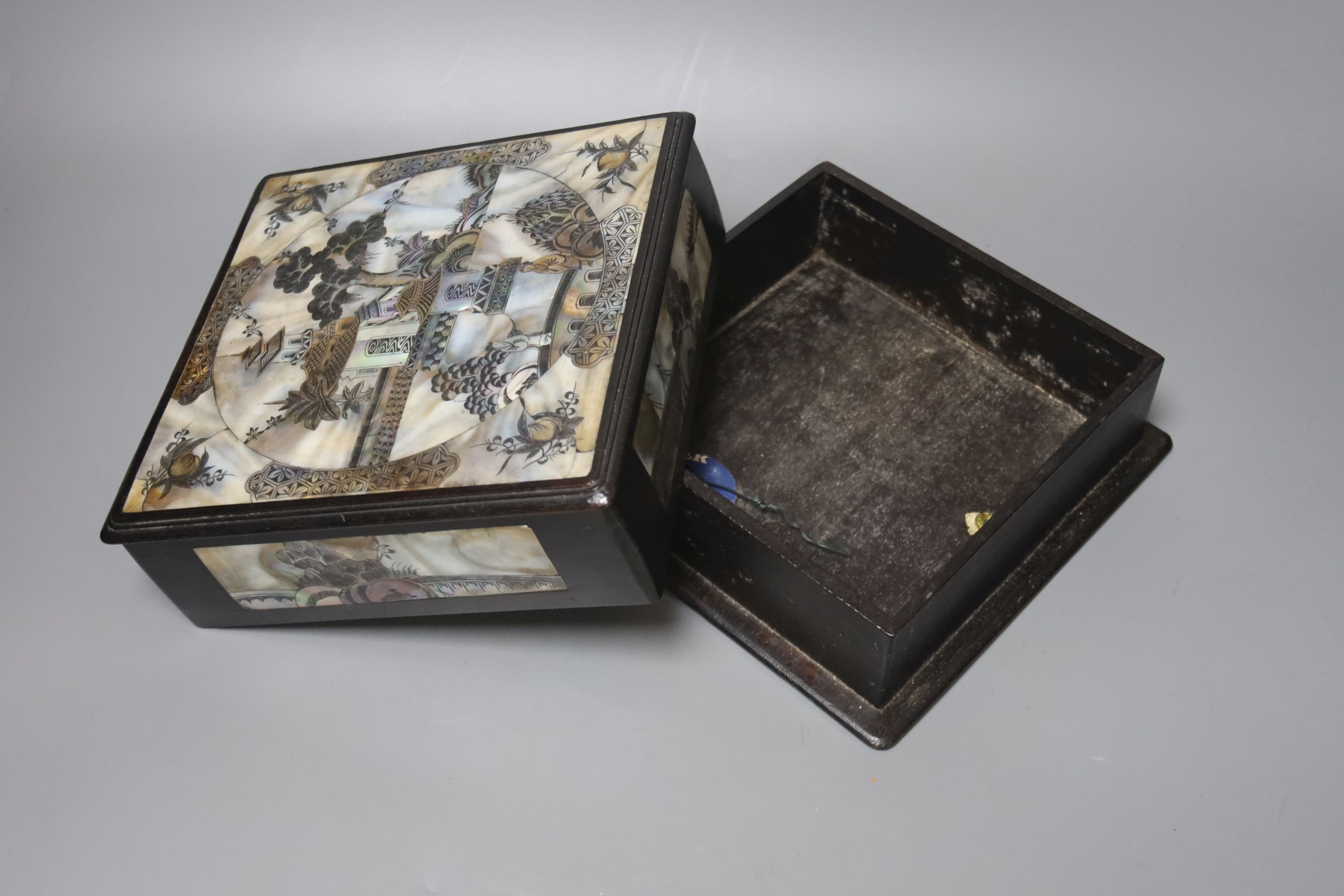 A Chinese mother of pearl inlaid hardwood square box and cover 20.5cm
